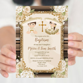 Guld Baptism Fiesta Blommigt Twin Boy and Girl Inbjudningar