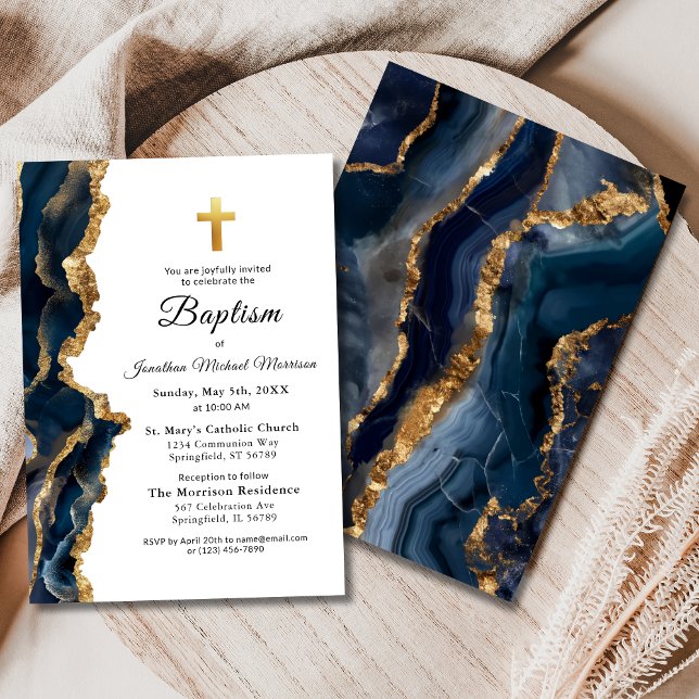 Guld-baptism Modern Elegant för marinblåagat agat Inbjudningar (Skapare uppladdad)