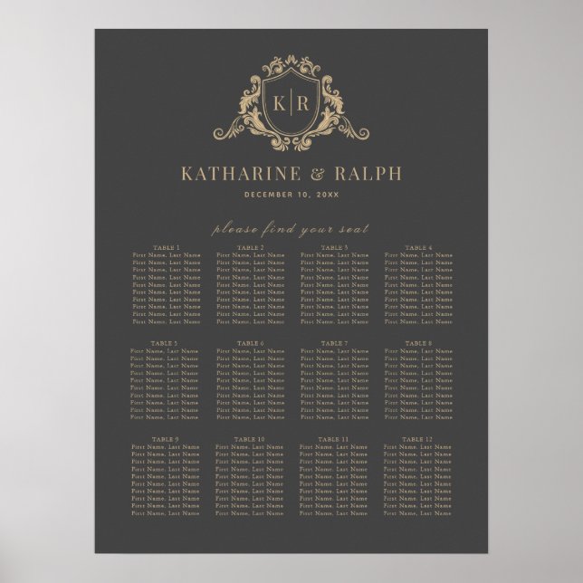 Guld Baroque Vapensköld Monogram Bröllop Sittplats Poster (Framsidan)