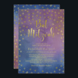 Guld- bat mitzvah stjärnavattenfärg inbjudningar<br><div class="desc">Bat mitzvah inbjudan med guld- stjärnor mot en blått- och lilavattenfärgbakgrund.</div>