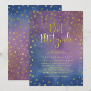 Guld- bat mitzvah stjärnavattenfärg inbjudningar