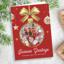 Guld Bauble Family Photo, röd bakgrund Helgkort