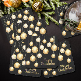 Guld Baubles jul Ornaments on Black Underlägg Papper Kvadrat