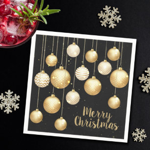 Guld Baubles-julprydnader på Black Party Pappersservett
