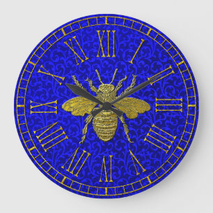 Guld Bee Blue Rococo Mönster Large Clock Stor Klocka