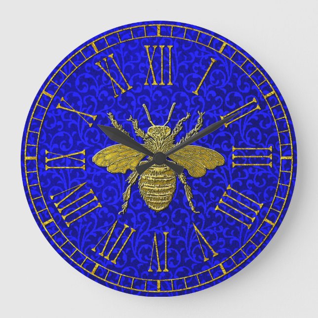 Guld Bee Blue Rococo Mönster Large Clock Stor Klocka (Framsida)