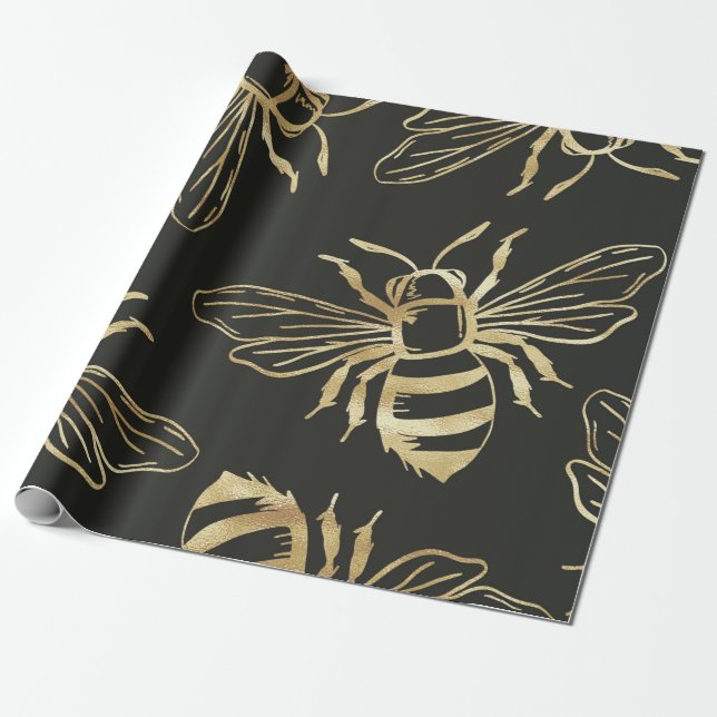 Guld Bee Design, i svart bakgrund. Presentpapper (Utrullad)