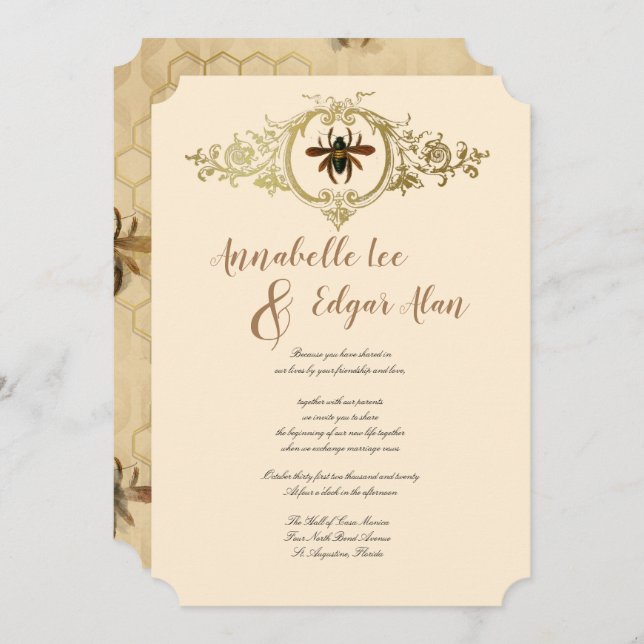 Guld Bee och Honeycomb inbjudan till prydnadsförem (Fram/baksida)