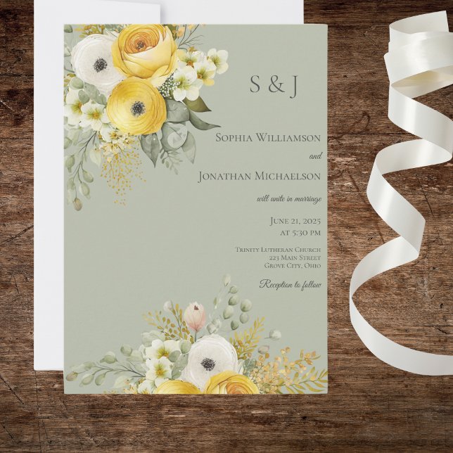 Guld & Beige Blommor på Sages Bröllopsinbjudan Inbjudningar (Skapare uppladdad)