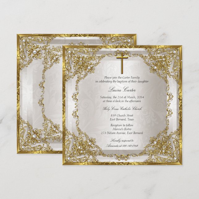 Guld Beige Pearl Damask Kor Baptism/Christening Inbjudningar (Fram/baksida)