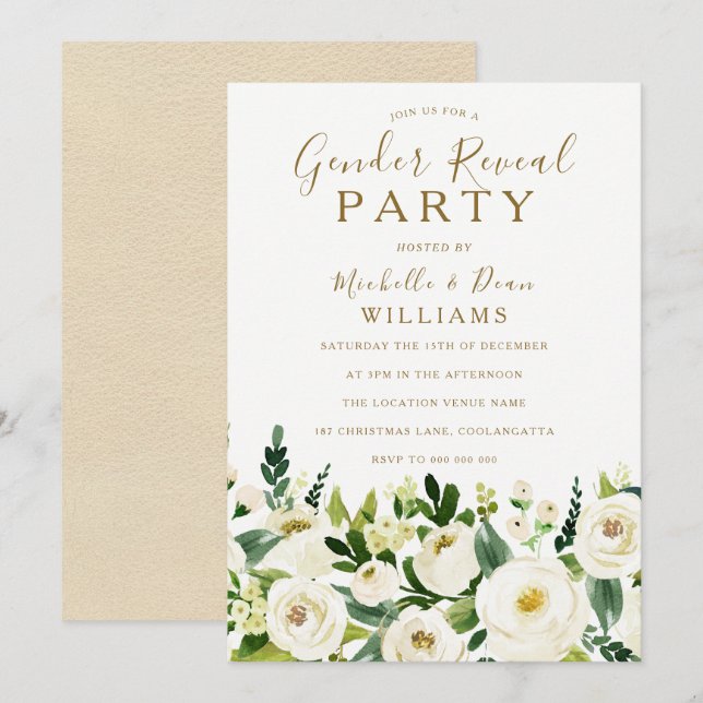 Guld Beige & White Flowers Gender Reveal Party Inbjudningar (Fram/baksida)