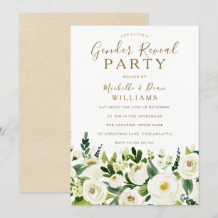 Guld Beige & White Flowers Gender Reveal Party Inbjudningar