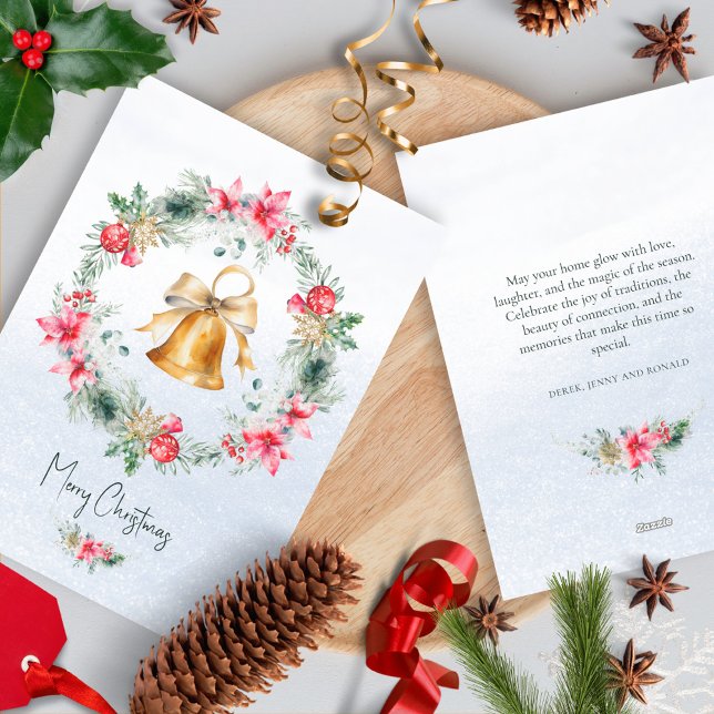 Guld Bell Snowflake Grönt Röd julkrans Julkort (Skapare uppladdad)