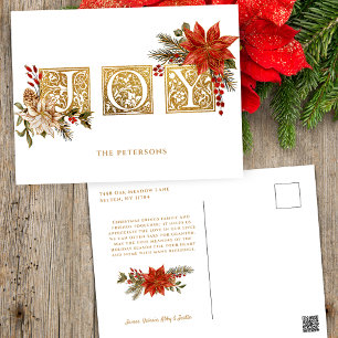 Guld belyst Joy Block Brev w/Poinsettias Helg Vykort