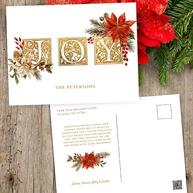 Guld belyst Joy Block Brev w/Poinsettias Helg Vykort (Skapare uppladdad)