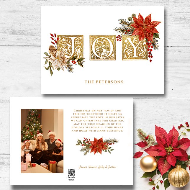Guld belyst Joy Block Brev w/Poinsettias Julkort (Skapare uppladdad)