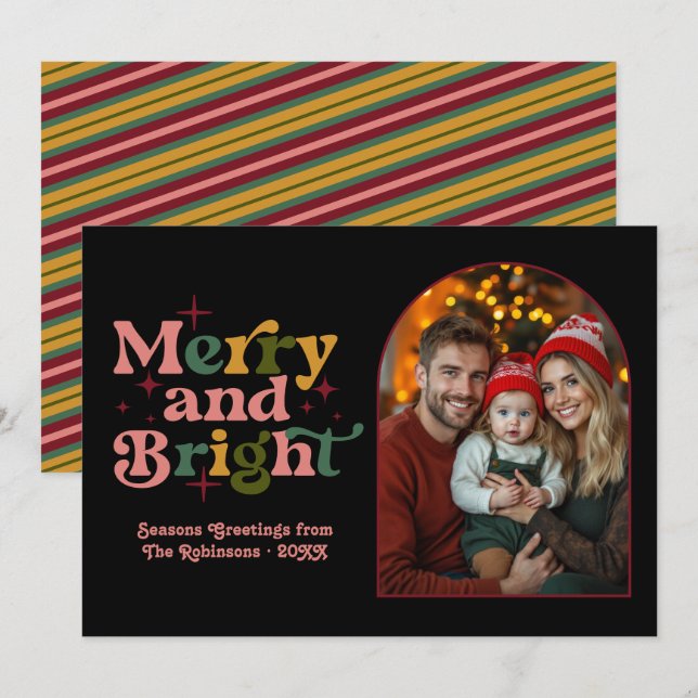 Guld Berry  Gräs Retro-julfamiljfoto för  Julkort (Fram/baksida)