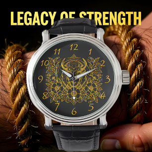 Guld Bison bland blommor Armbandsur