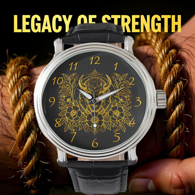 Guld Bison bland blommor Armbandsur (Skapare uppladdad)