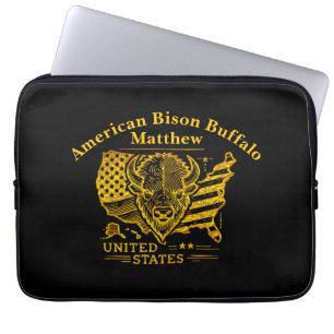 Guld Bison Illustration Med USA Karta och Flagga Laptop Fodral