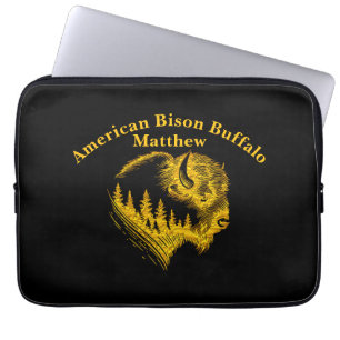 Guld Bison Porträtt Med Skog Silhuett Design Laptop Fodral