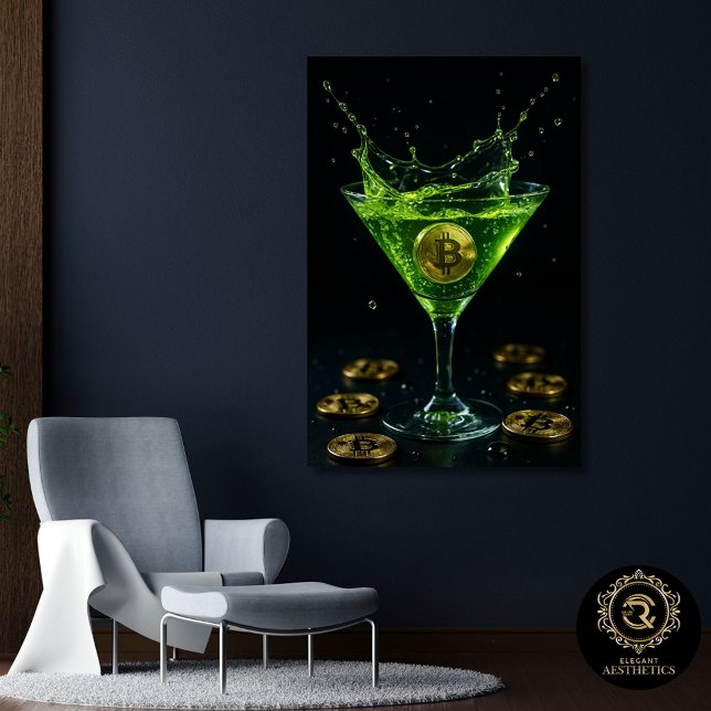 Guld Bitcoin Neon Grön Martini Inramad Canvastryck (Skapare uppladdad)