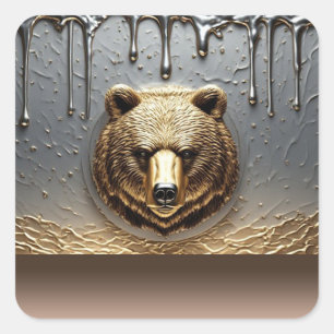 Guld Björn Relief Med Metall Dropp Effekt 🐻 Fyrkantigt Klistermärke