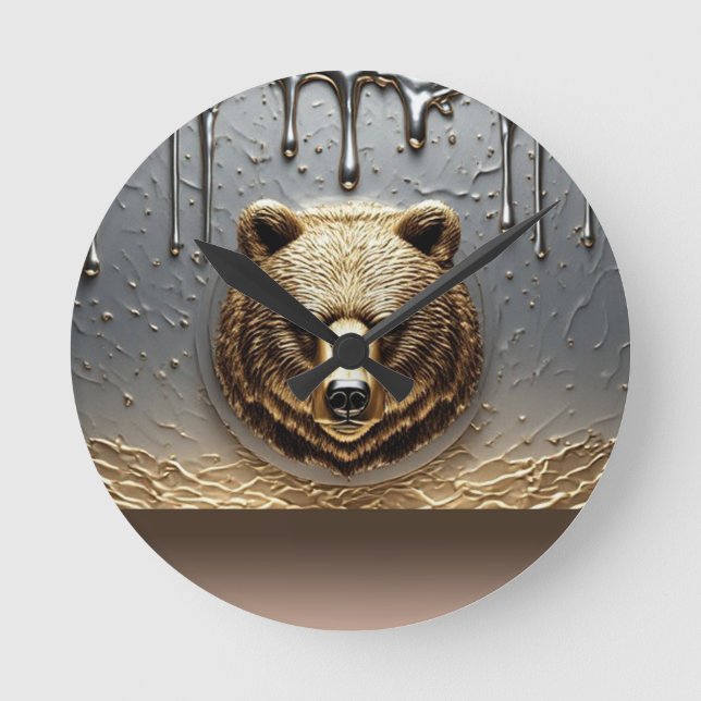 Guld Björn Relief Med Metall Dropp Effekt 🐻 Rund Klocka (Framsida)