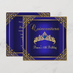 Guld & Blå Ädelstens Tiara Quinceanera Inbjudan