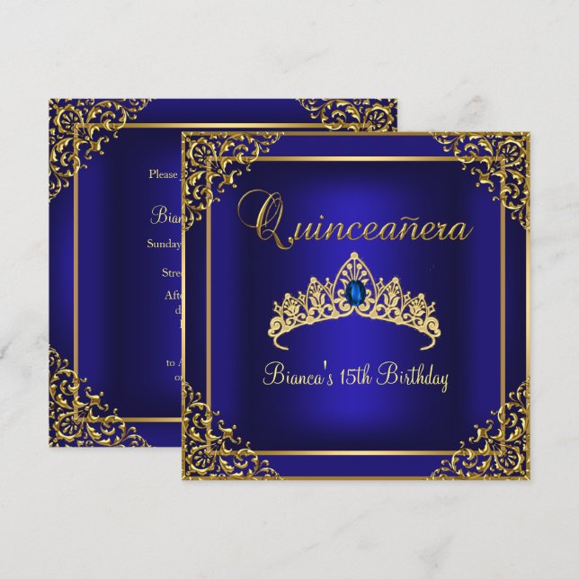 Guld & Blå Ädelstens Tiara Quinceanera Inbjudan (Fram/baksida)