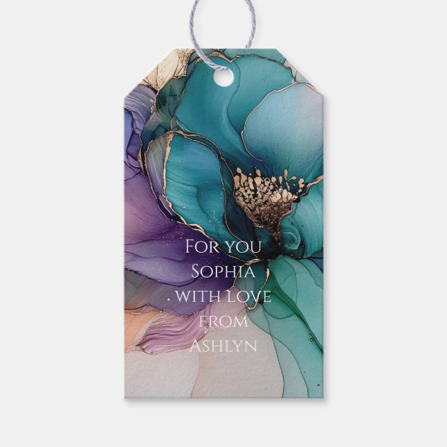 Guld Blå Akva Lila Blomma Bröllopsdusch Presentetikett (Framsidan)