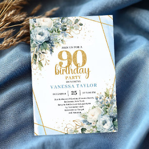 Guld Blå Akvarell Elegant 90-års Födelsedagsinbjud Inbjudningar