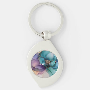 Guld Blå Aqua Lila Blomma Bröllopsdusch Swirl Silverfärgad Nyckelring