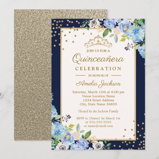 Guld Blå blommande Gnistrande Quinceanera Inbjudningar (Fram/baksida)