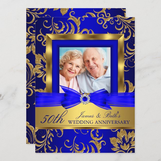 Guld Blå Blommig Foto 50-års bröllopsjubileum Inbjudningar (Fram/baksida)