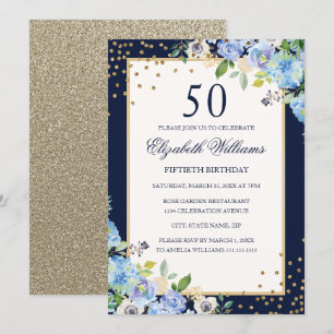 Guld Blå Blommig Glitter 50-års Födelsedagsinbjuda Inbjudningar