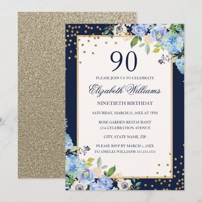 Guld Blå Blommig Glitter 90-års Födelsedagsinbjuda Inbjudningar (Fram/baksida)