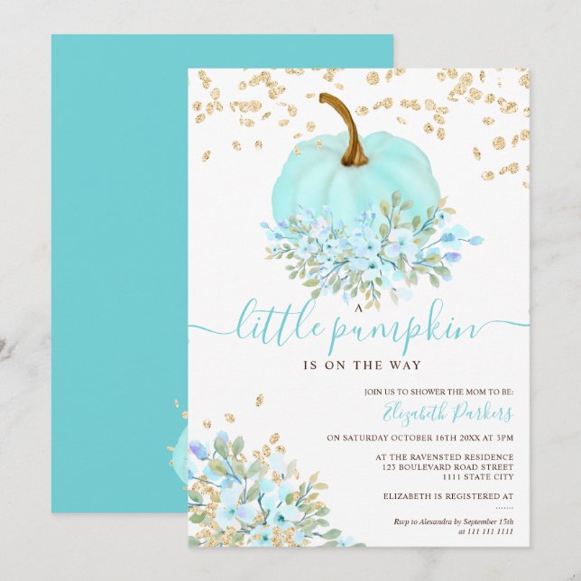 guld blå blommigt pumpa vattenfärgsbabydusch inbjudningar (Fram/baksida)