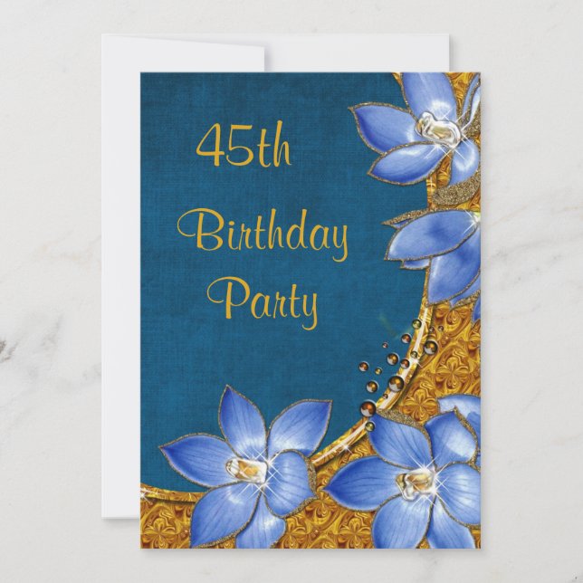 Guld & Blå Blommor 45-årsdag Inbjudningar (Framsida)