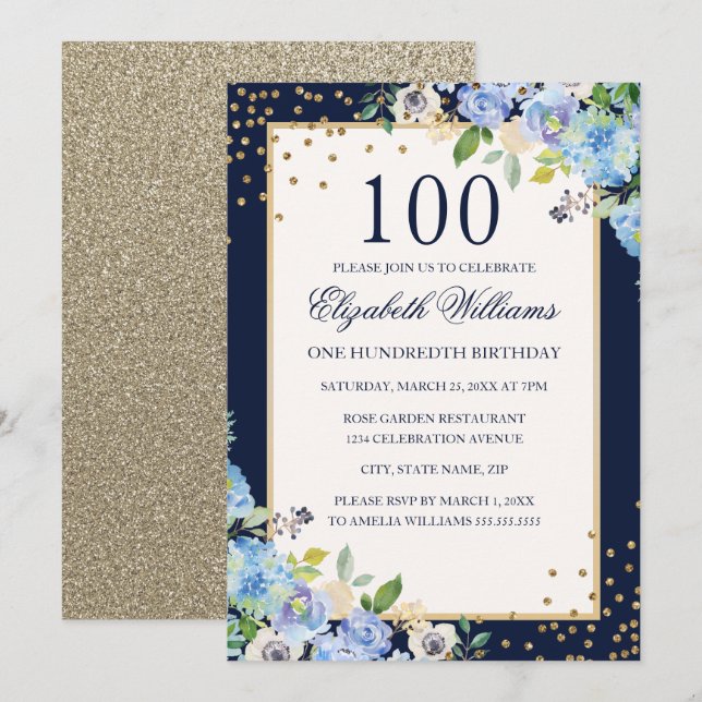 Guld Blå blomster Glitter 100-års födelsedagsinbju Inbjudningar (Fram/baksida)