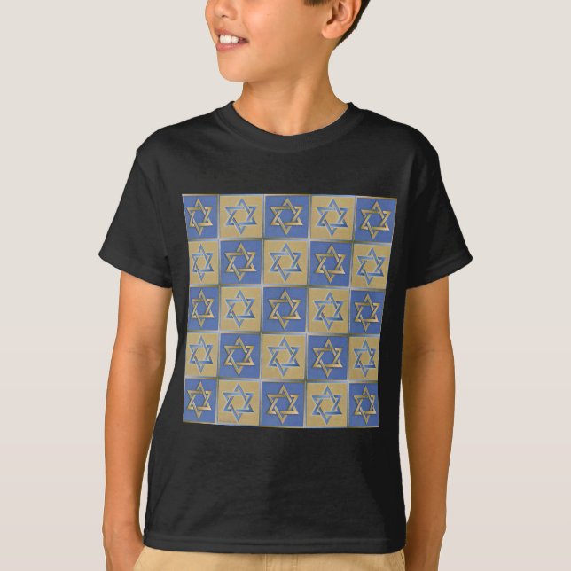 Guld Blå Davidsstjärna Konstpaneler Tee Shirt (Framsida)