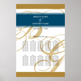 Guld Blå Elegant Monogram Bröllops Placeringsplan Poster