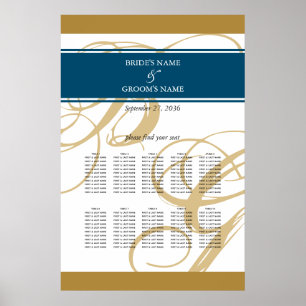 Guld Blå Elegant Monogram Bröllops Placeringsplan Poster