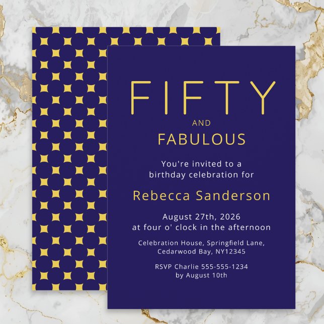 Guld Blå Femtio och Fantastisk 50-årsfest  Inbjudningar (A blue and gold 50th birthday party invitation with 'Fifty and Fabulous' headline and custom text)
