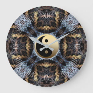 Guld Blå Fraktal Gobeläng med Yin Yang-symbol Stor Klocka