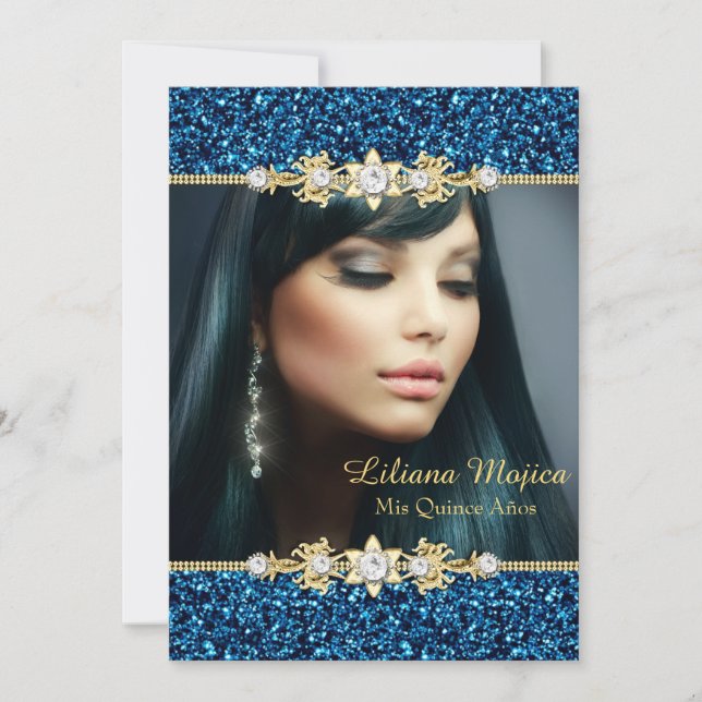 Guld Blå Glitter & Juvel Båge Quinceanera Inbjudningar (Framsida)