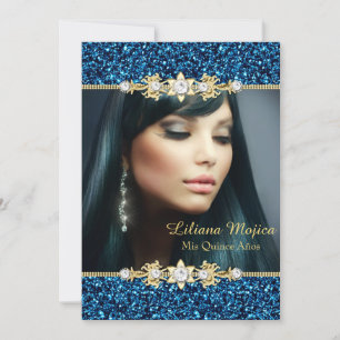 Guld Blå Glitter & Juvel Båge Quinceanera Inbjudningar