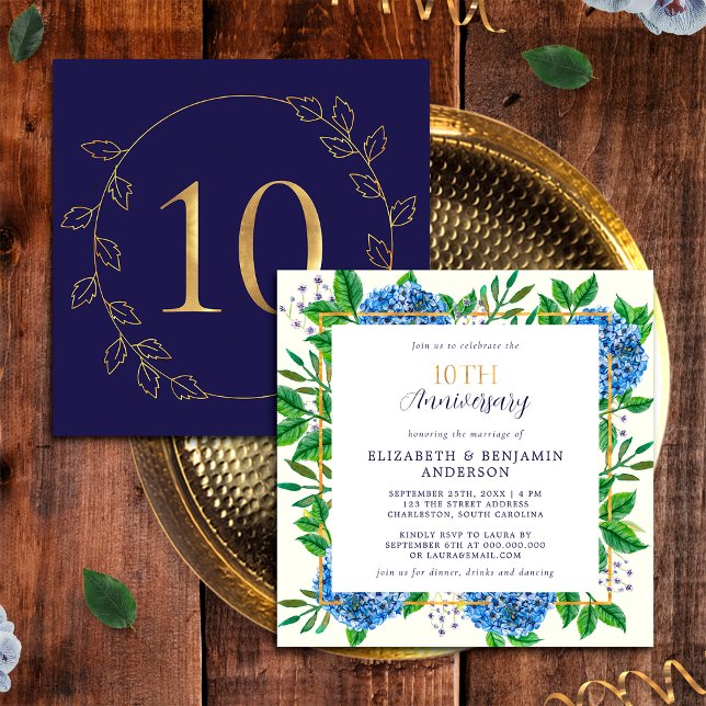 Guld Blå Hydrangea 10-års bröllopsdag Inbjudningar (Front / Back)