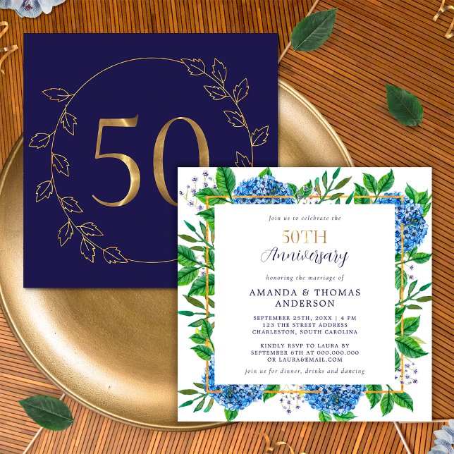 Guld Blå Hydrangea 50-års bröllopsjubileum Inbjudningar (Front / Back)