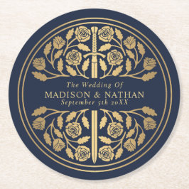 Guld Blå Kunglig Medeltida Svärd Bröllop Underlägg Papper Rund